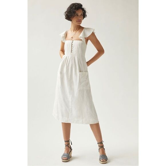 NEW Anthropologie Pilcro White Flutter Sleeve Gathered Waist Midi Dress Large - Picture 1 of 4